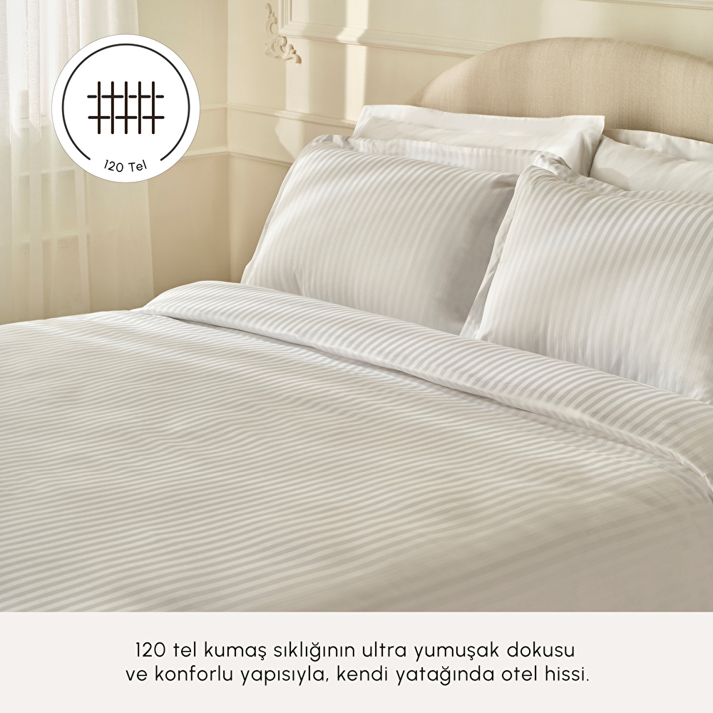 Karaca Home Vessa 120 Tel %100 Pamuk Saten Çift Kişilik Nevresim Takımı Çizgili Beyaz görseli 2