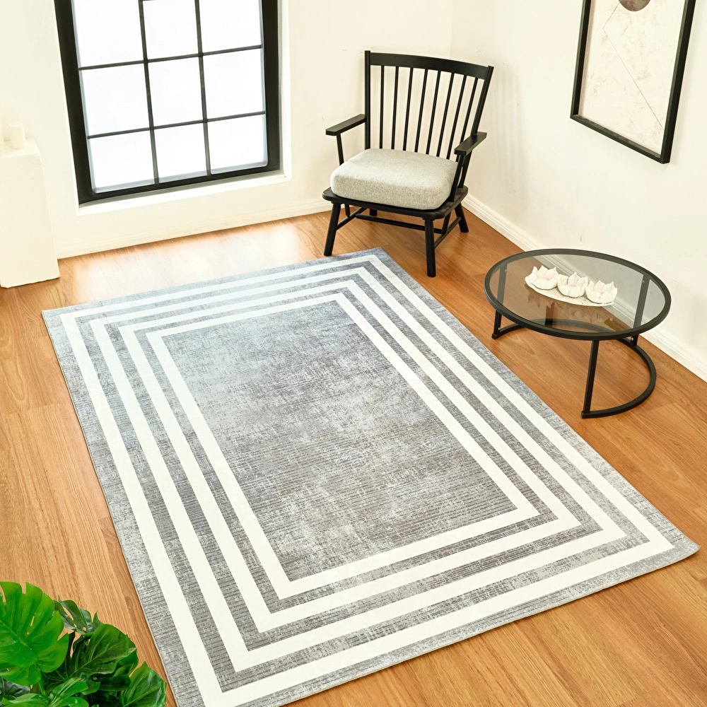 Sare By Kaşmir Halı Frame Gray Yıkanabilir Kaymaz Taban 80x300 cm görseli 1