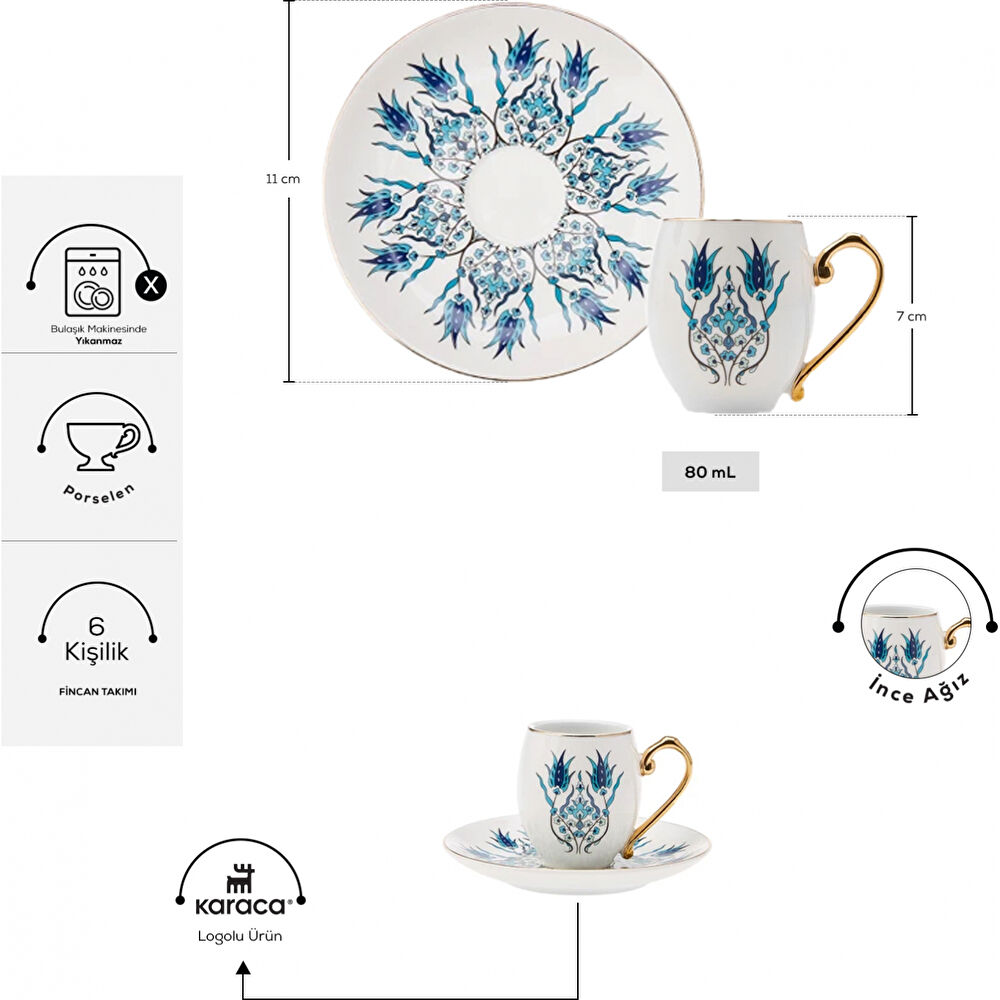 Karaca İznik 6 Kişilik Kahve Fincan Takımı 80 ml thumbnail 2