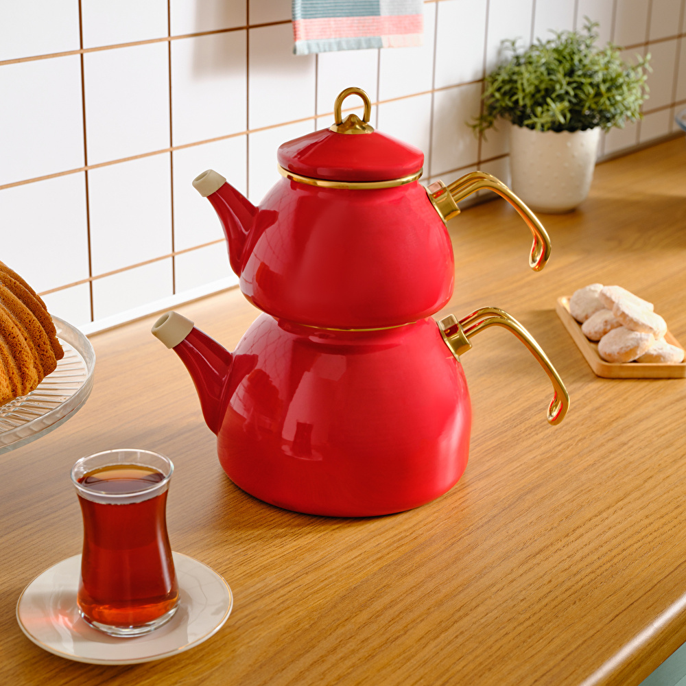 Karaca Retro Emaye İndüksiyon Tabanlı Kırmızı Çaydanlık görseli 4