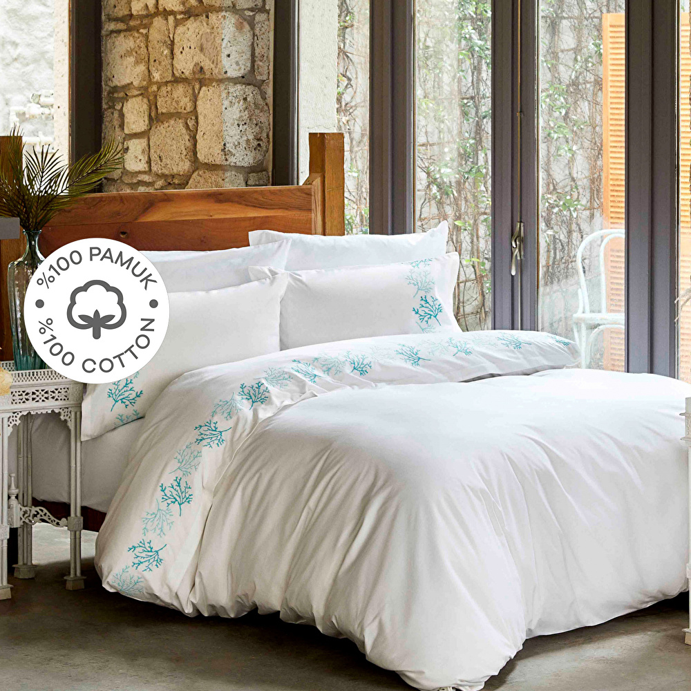 Karaca Home Ocean Turkuaz %100 Pamuk Nakışlı Çift Kişilik Nevresim Takımı görseli 1