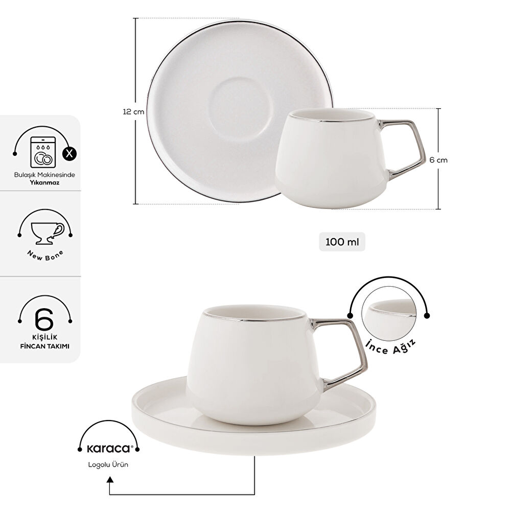 Karaca Streamline Saturn 6 Kişilik Kahve Fincan Takımı 100 ml Platin thumbnail 2