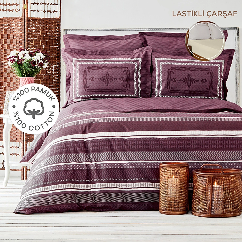 Karaca Home Mesto Bordo %100 Pamuk Çift Kişilik Lastik Çarşaflı Nevresim Takımı görseli 1