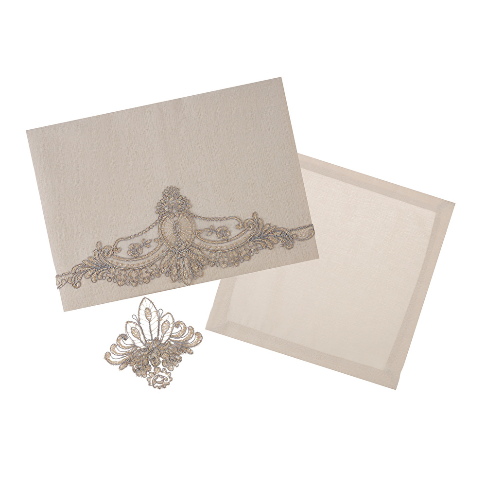 Karaca Home Candle Bej Dantelli Masa Örtüsü Peçete+Yüzük Set 160x260cm görseli 1