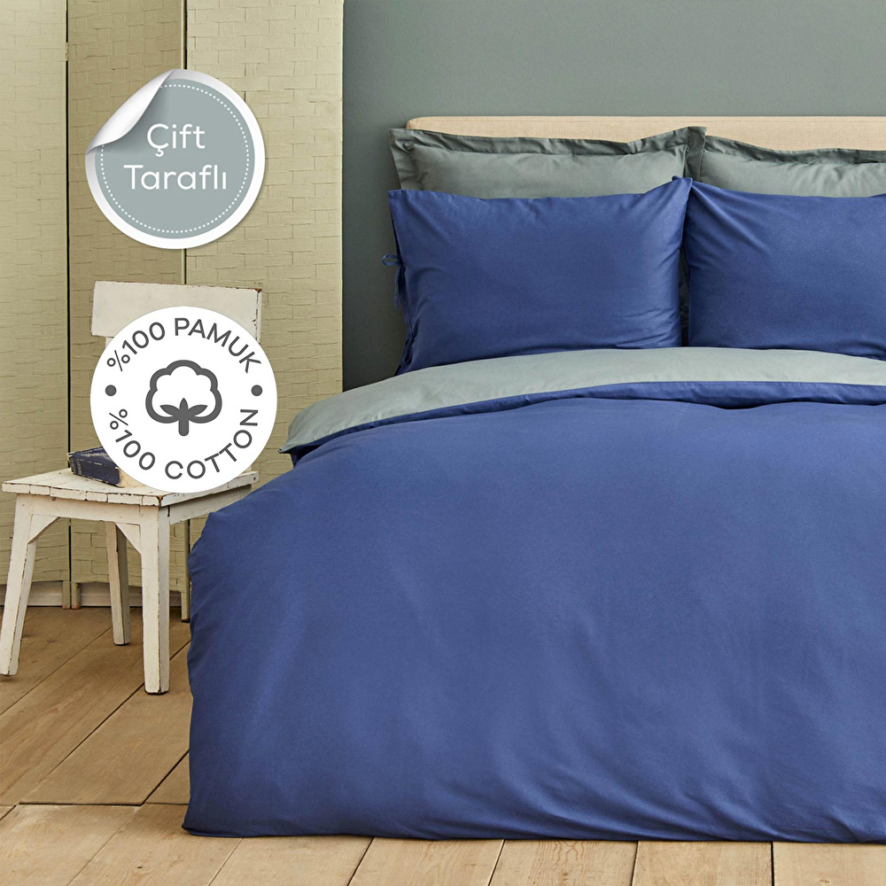 Karaca Home Basic Gri İndigo %100 Pamuk Çift Taraflı Çift Kişilik Nevresim Takımı görseli 1