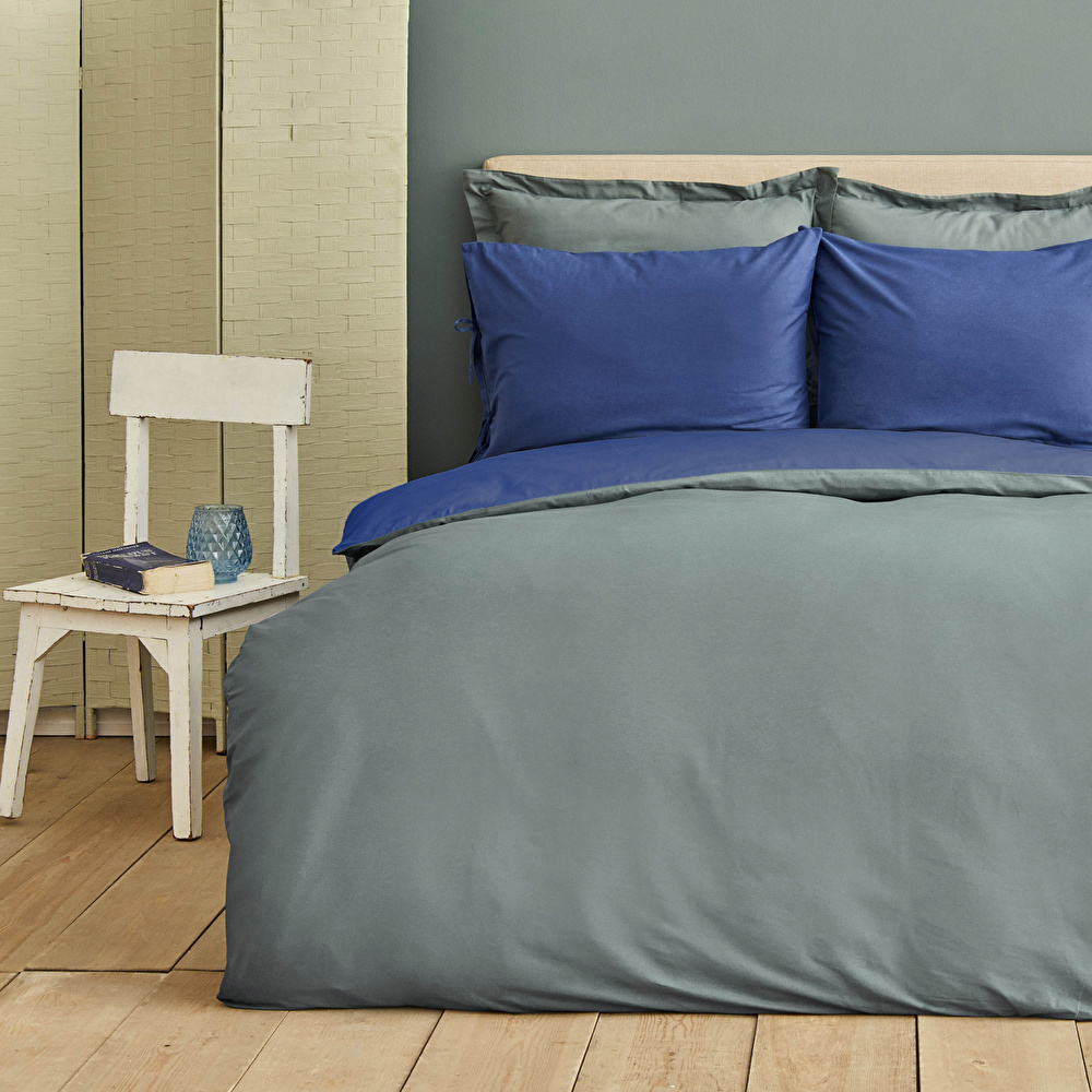 Karaca Home Basic Gri İndigo %100 Pamuk Çift Taraflı Çift Kişilik Nevresim Takımı görseli 2