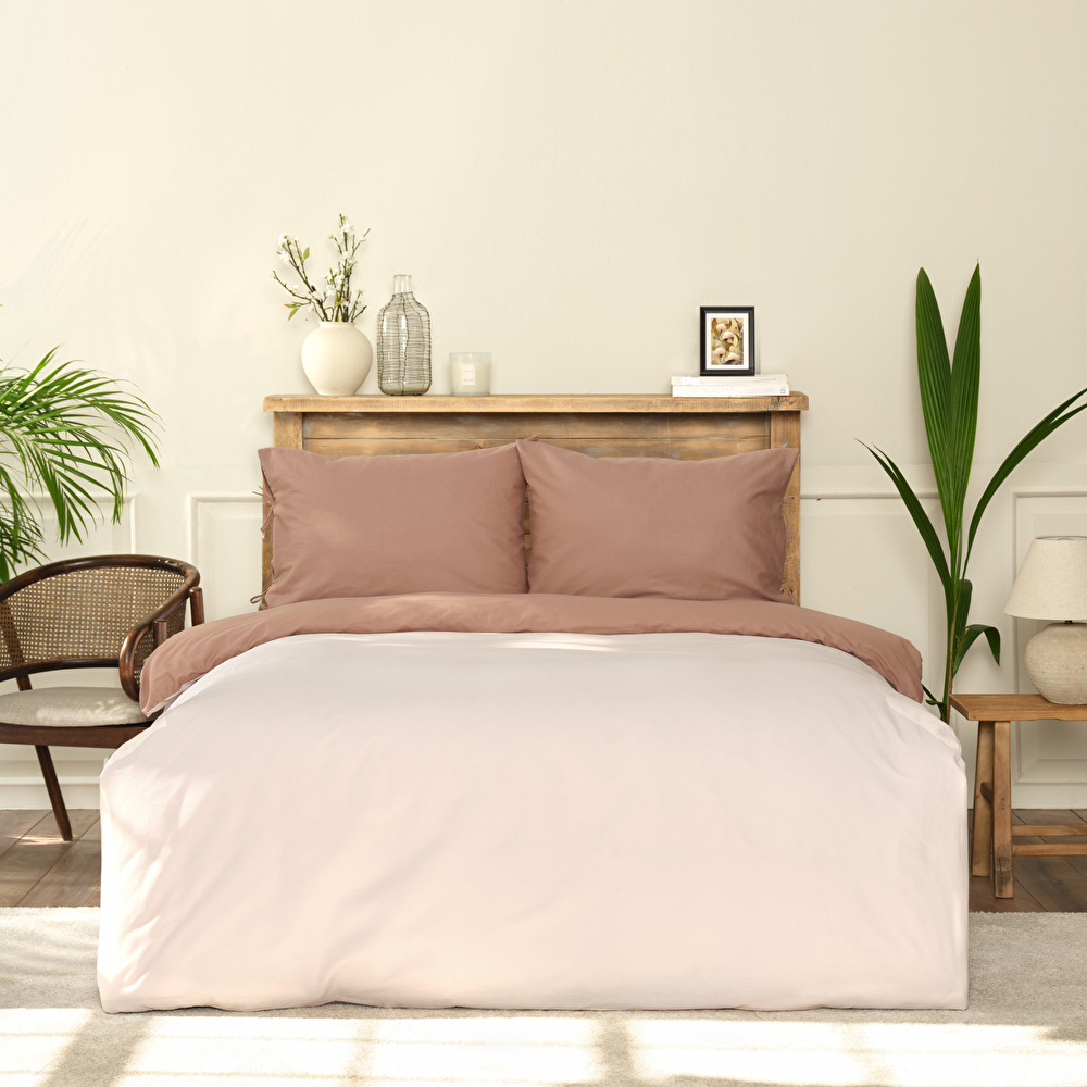 Karaca Home %100 Pamuk Basic Çift Taraflı Çift Kişilik Nevresim Takımı Bej-Kahve görseli 1