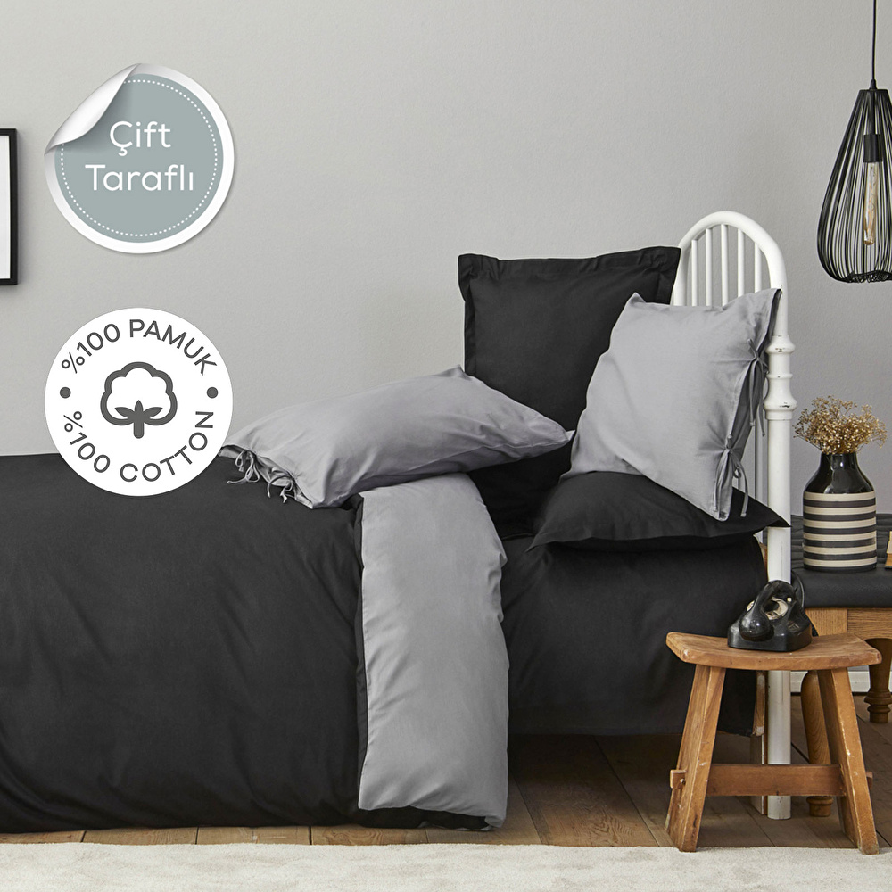 Karaca Home Basic Siyah Koyu Gri %100 Pamuk Çift Taraflı Çift Kişilik Nevresim Takımı görseli 1