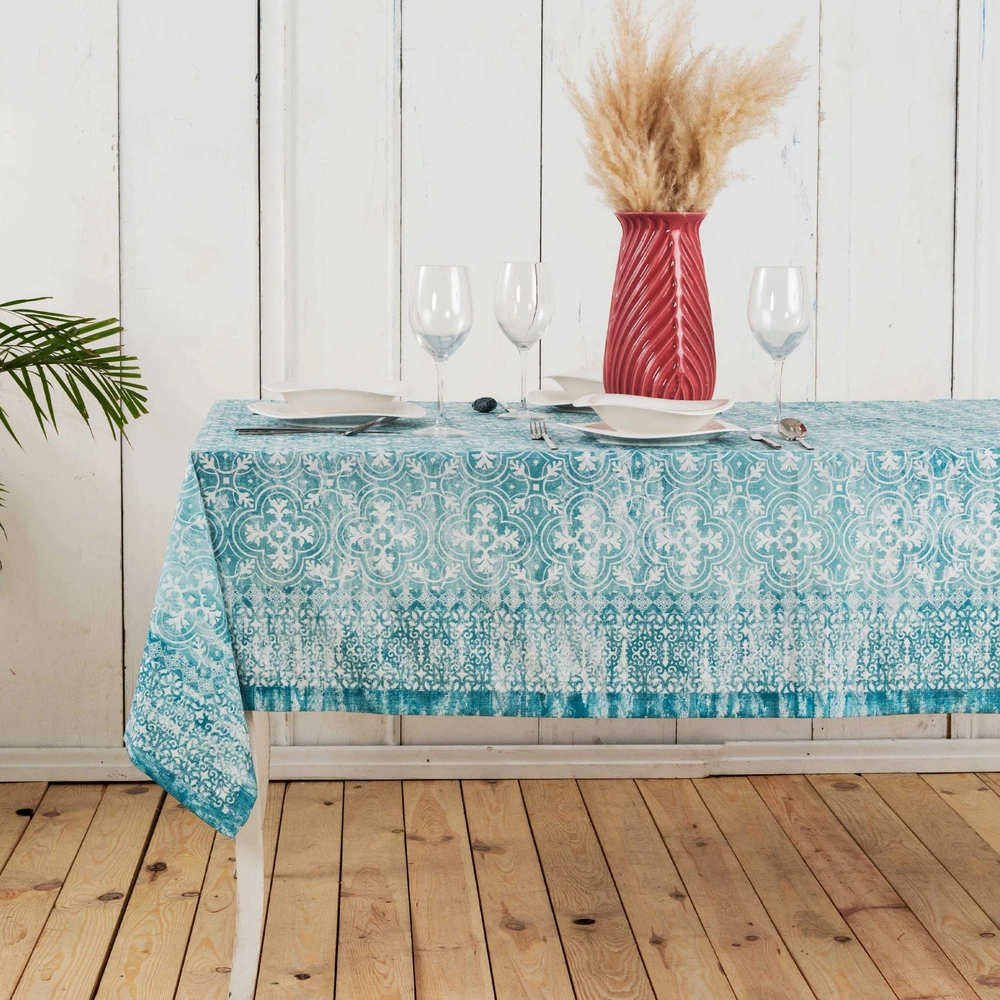 Karaca Home Despina Turkuaz Baskılı Masa Örtüsü 150 cm x 240 cm görseli 1