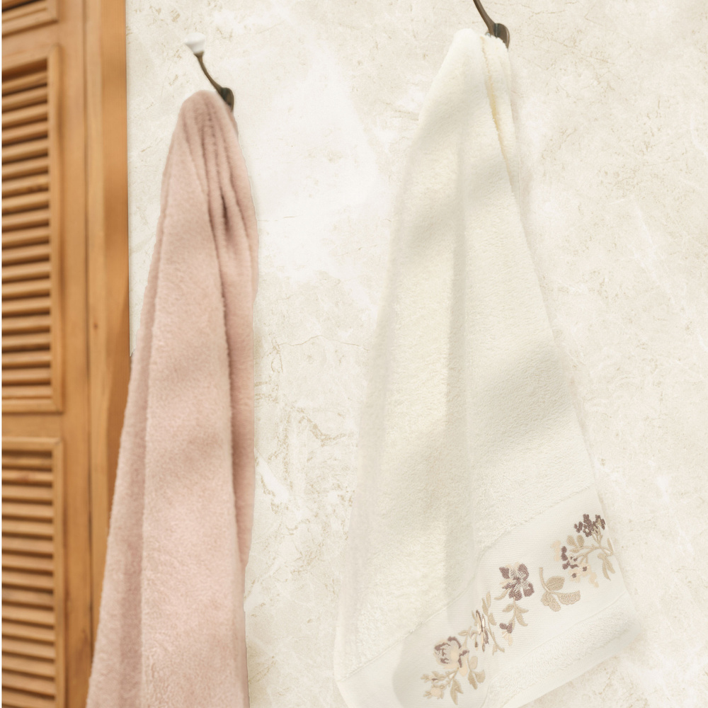Karaca Home Flora Nakışlı Banyo/Yüz Havlusu Hamam Seti Bej  görseli 1