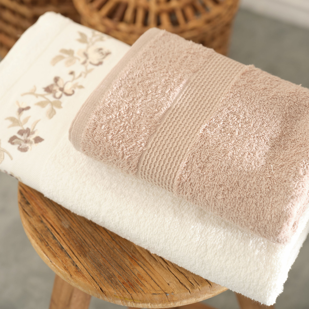 Karaca Home Flora Nakışlı Banyo/Yüz Havlusu Hamam Seti Bej  görseli 2