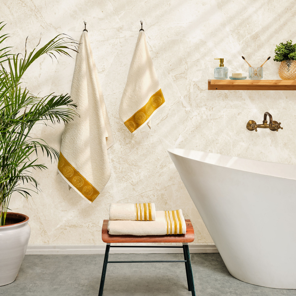Karaca Home Minka Sonil %100 Pamuk Banyo/Yüz Havlusu Hamam Seti Off White Gold görseli 1