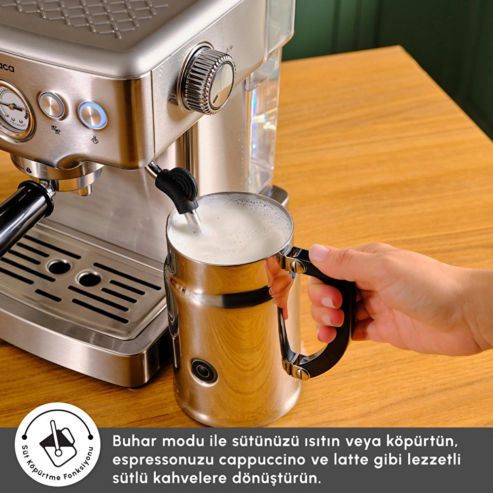 Karaca Coffee Art 1353 Süt Köpürtücülü, 20 Bar Basınçlı, Espresso, Latte, Cappuccino, Americano Makinesi Inox 1,8L 1350W görseli 5