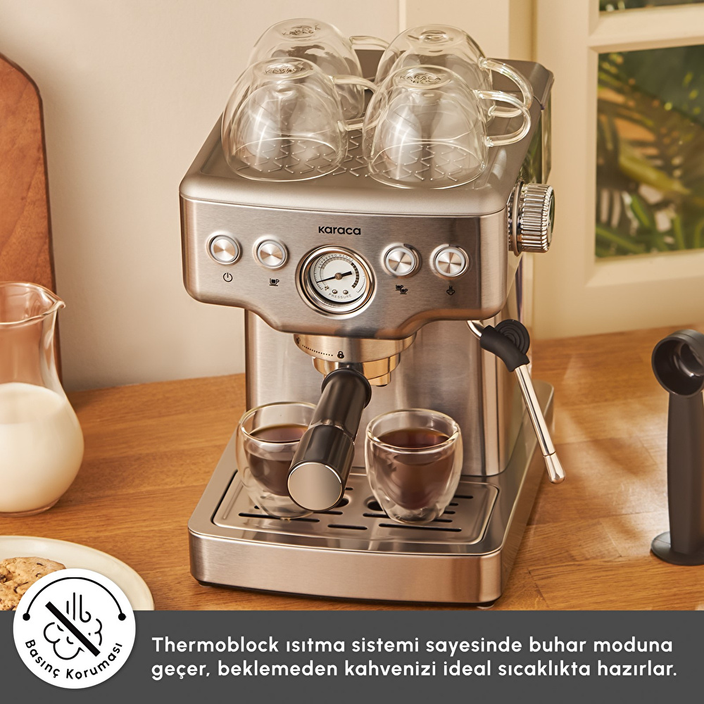 Karaca Coffee Art 1353 Süt Köpürtücülü, 20 Bar Basınçlı, Espresso, Latte, Cappuccino, Americano Makinesi Inox 1,8L 1350W görseli 8
