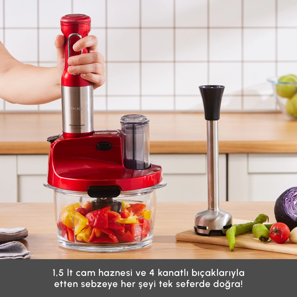 Karaca Mastermaid Prosteel Uzun Blender Ayaklı 6 Bıçaklı Cam Hazneli Rendeli Mutfak Robotu Imperial Red görseli 4