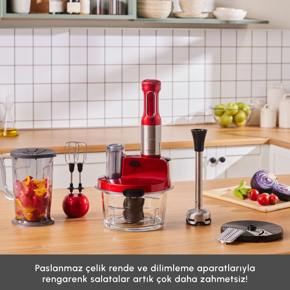 Karaca Mastermaid Prosteel Uzun Blender Ayaklı 6 Bıçaklı Cam Hazneli Rendeli Mutfak Robotu Imperial Red görseli 3