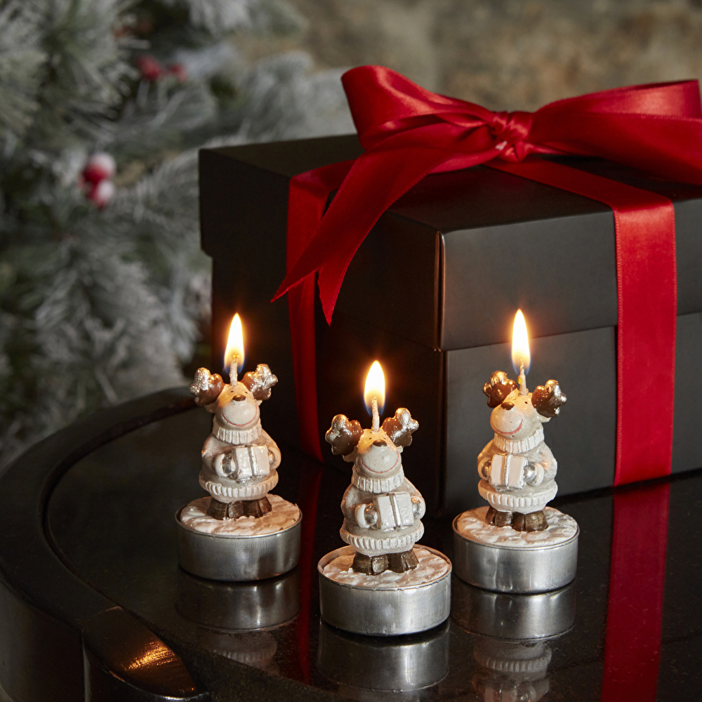 Karaca Home New Year Yılbaşı Reindeer 3'lü Tealight Mum 14x9,3x6 cm görseli 1
