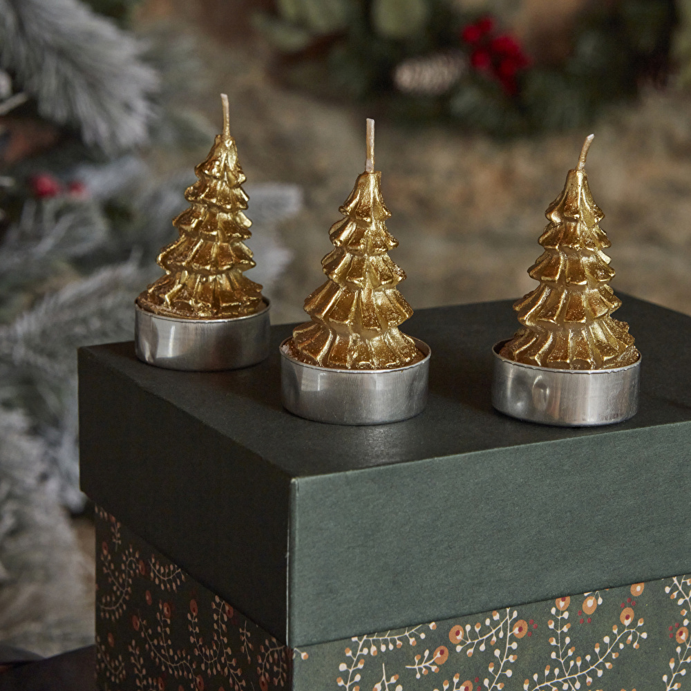 Karaca Home New Year Yılbaşı Gold Tree 3'lü Tealight Mum 3,8x3,8x7 Cm görseli 5
