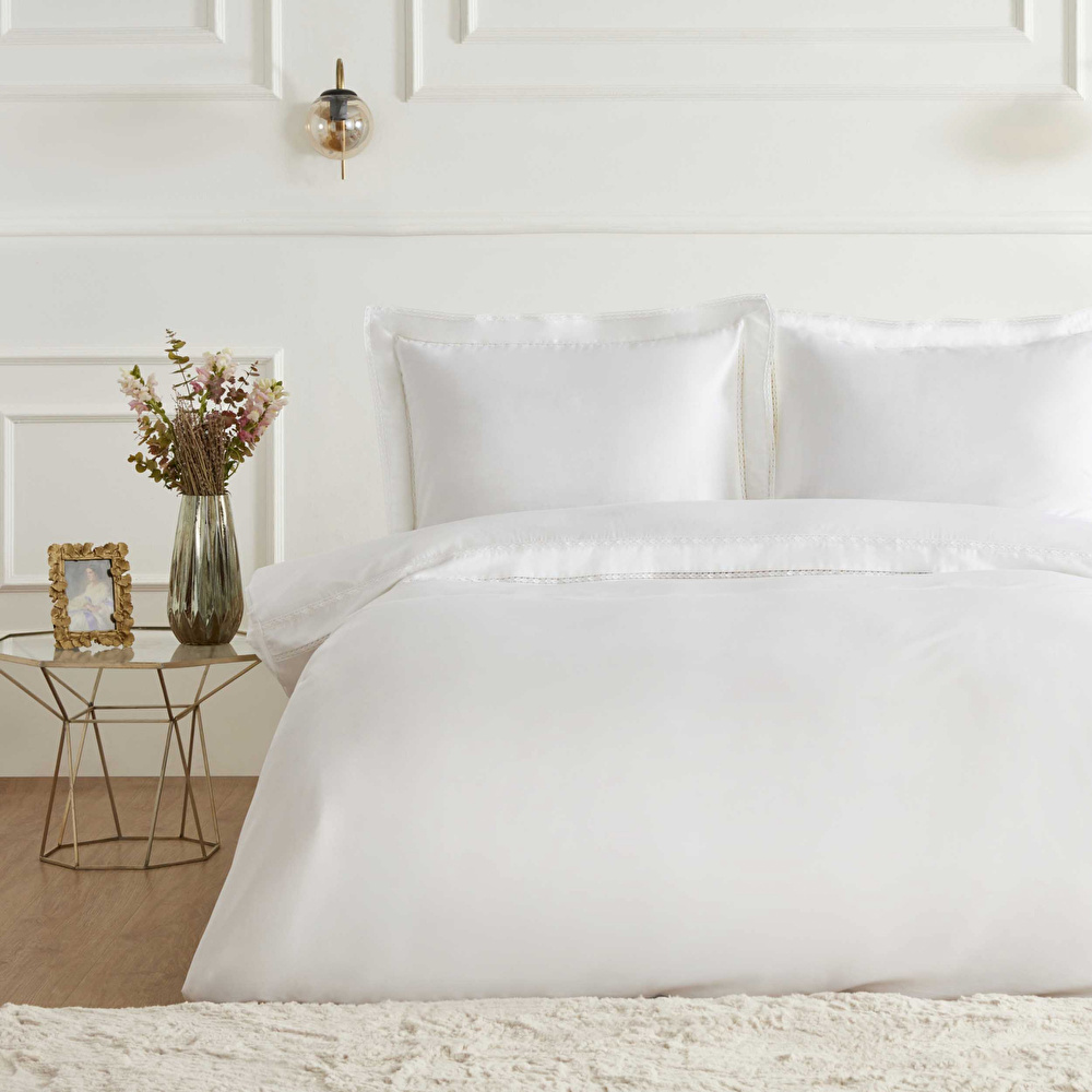 Karaca Home Begonia Çift Kişilik  Percale Nevresim Takımı Dantelli Beyaz görseli 1