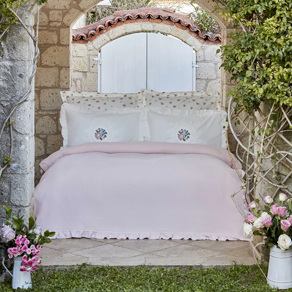 Karaca Home Fayette Çift Kişilik Nakışlı Nish Set Pudra  görseli 1