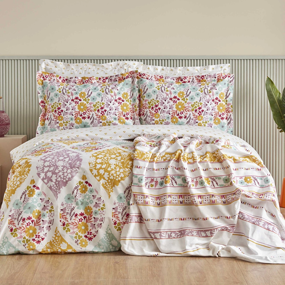 Karaca Home Nido %100 Pamuk Çift Kişilik Nevresim-Pike Hediyeli Takımı Multicolor görseli 1