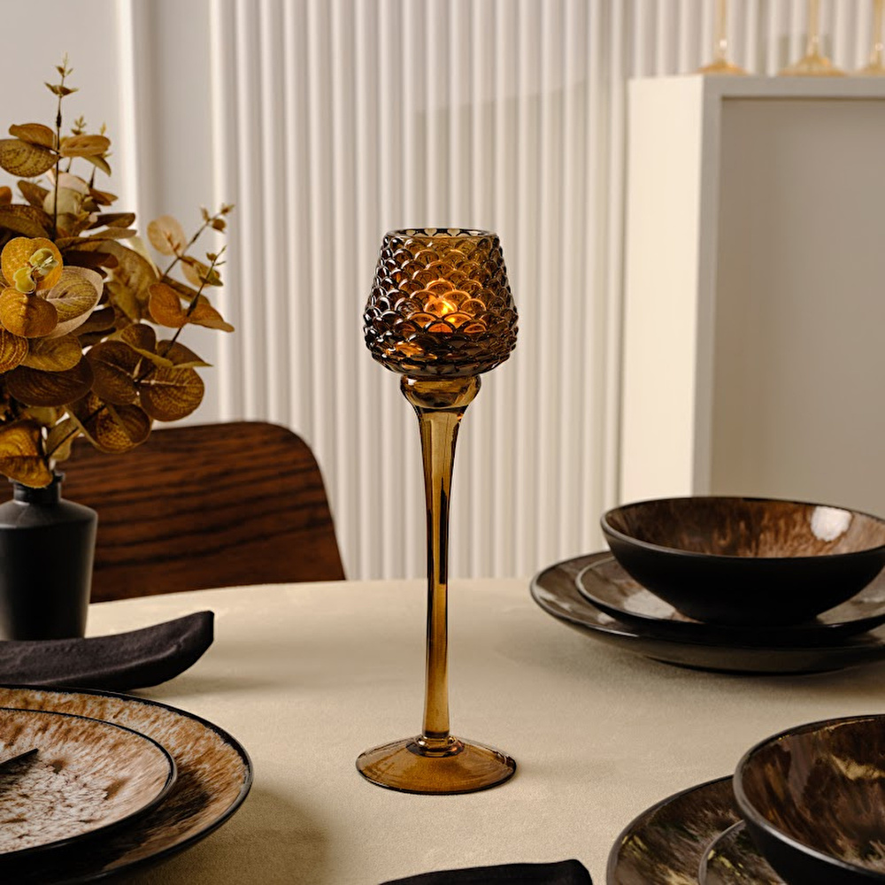 Karaca Home Pinecone Ayaklı Mumluk Kahverengi 8x8x26,5 cm görseli 1