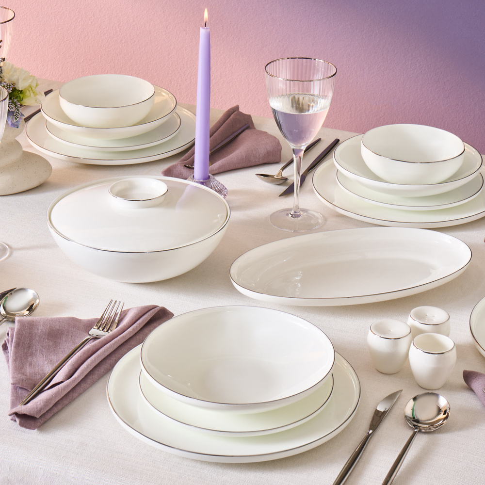 Karaca Fine Bone Meridian 55 Parça 12 Kişilik Yemek Takımı Platin görseli 5