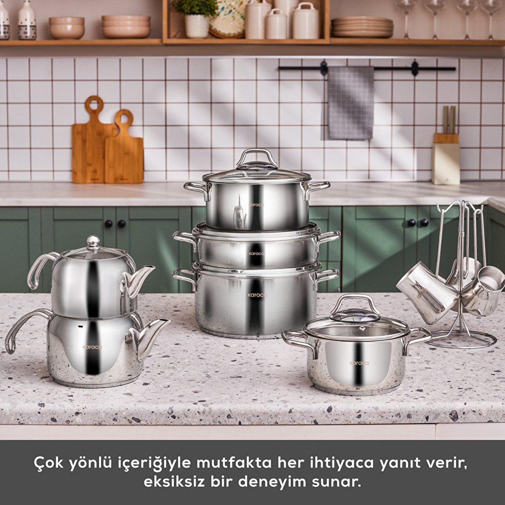 Karaca Belgrad İndüksiyon Tabanlı 15 Parça Çelik Çaydanlık Cezve ve Tencere Seti görseli 6