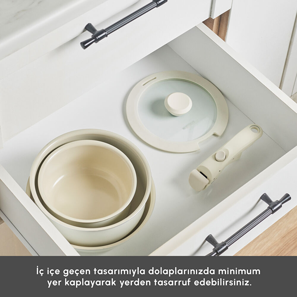 Karaca x Refika Swiss Crystal Almond Cream Easy Clip 5 Parça Tencere ve Tava Seti thumbnail 4