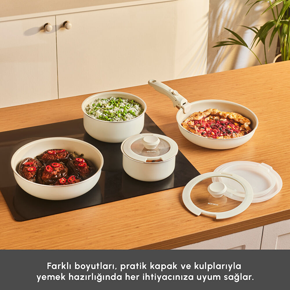 Karaca x Refika Swiss Crystal Almond Cream Easy Clip 9 Parça Tencere Wok ve Tava Seti thumbnail 7