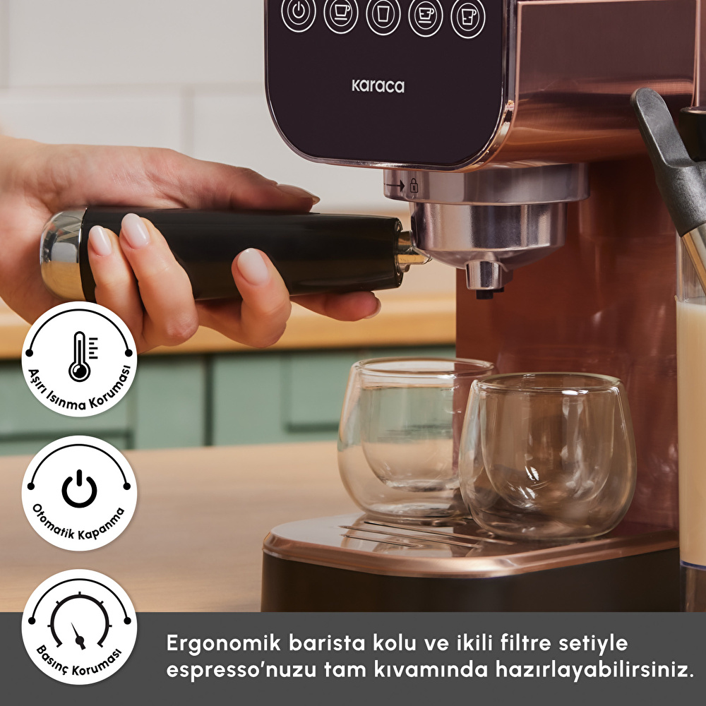 Karaca MyCaffe Barista S20 Entegre Süt Hazneli Otomatik Espresso ve Latte Makinesi Copper 900 ml 1360W görseli 8