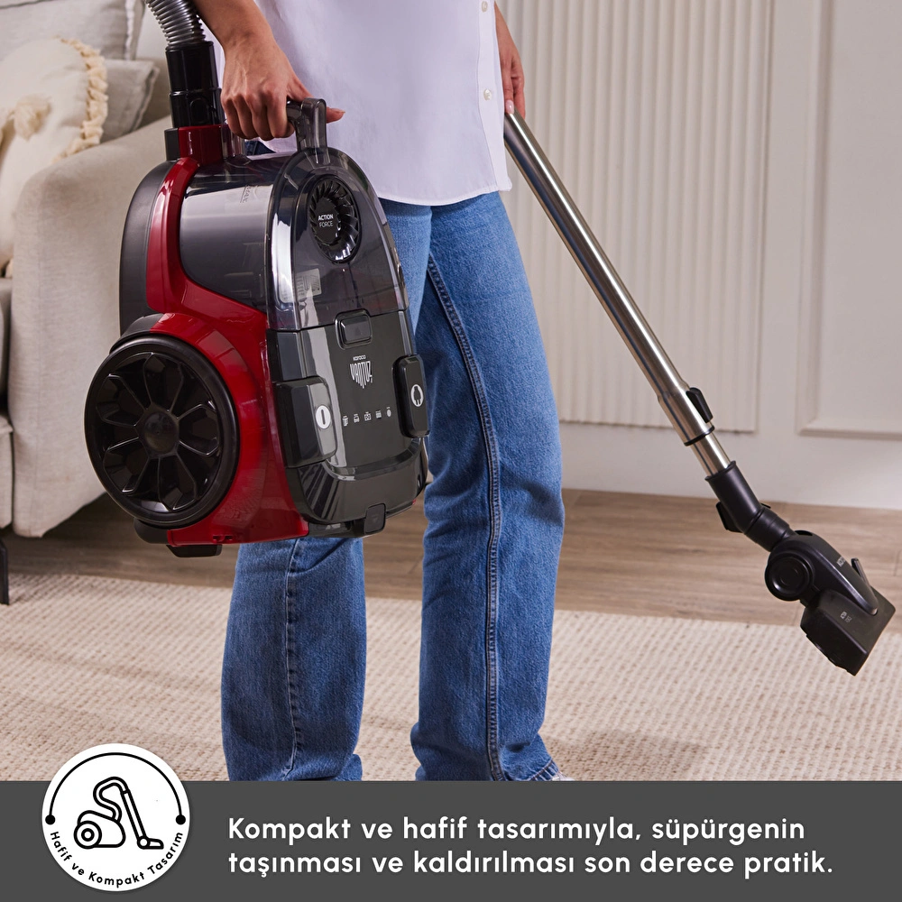 Karaca Vantuz Action Force X10 2 Lt Toz Torbasız Hazneli Elektrikli Süpürge Cherry Red 899 W görseli 13