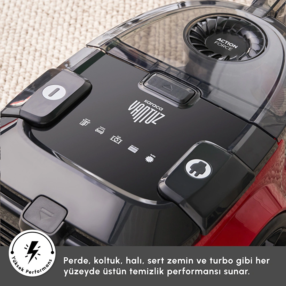 Karaca Vantuz Action Force X10 2 Lt Toz Torbasız Hazneli Elektrikli Süpürge Cherry Red 899 W görseli 19