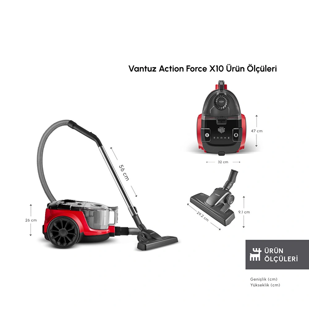 Karaca Vantuz Action Force X10 2 Lt Toz Torbasız Hazneli Elektrikli Süpürge Cherry Red 899 W görseli 2