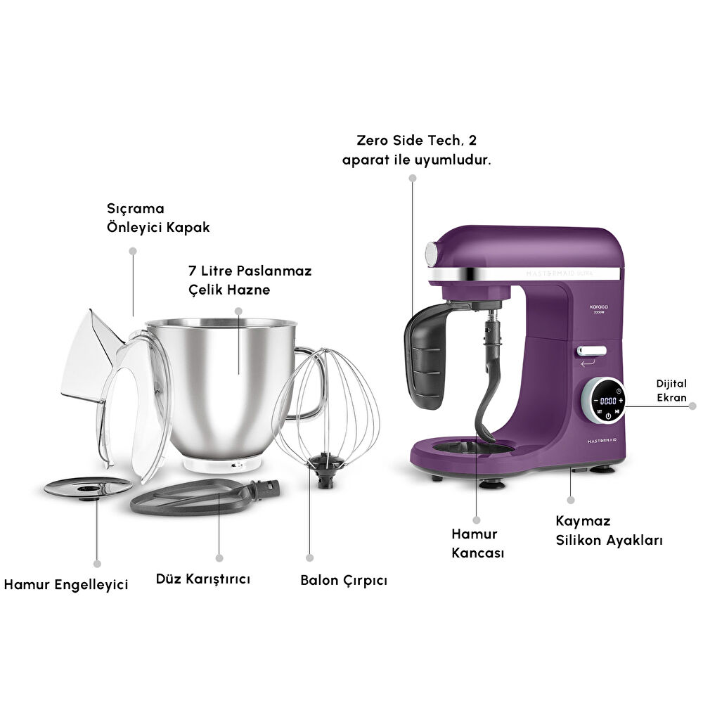 Karaca Mastermaid Chef Ultra D2000W Dijital Ekranlı Hamur Yoğurma Makinesi Grape Purple 7L thumbnail 3