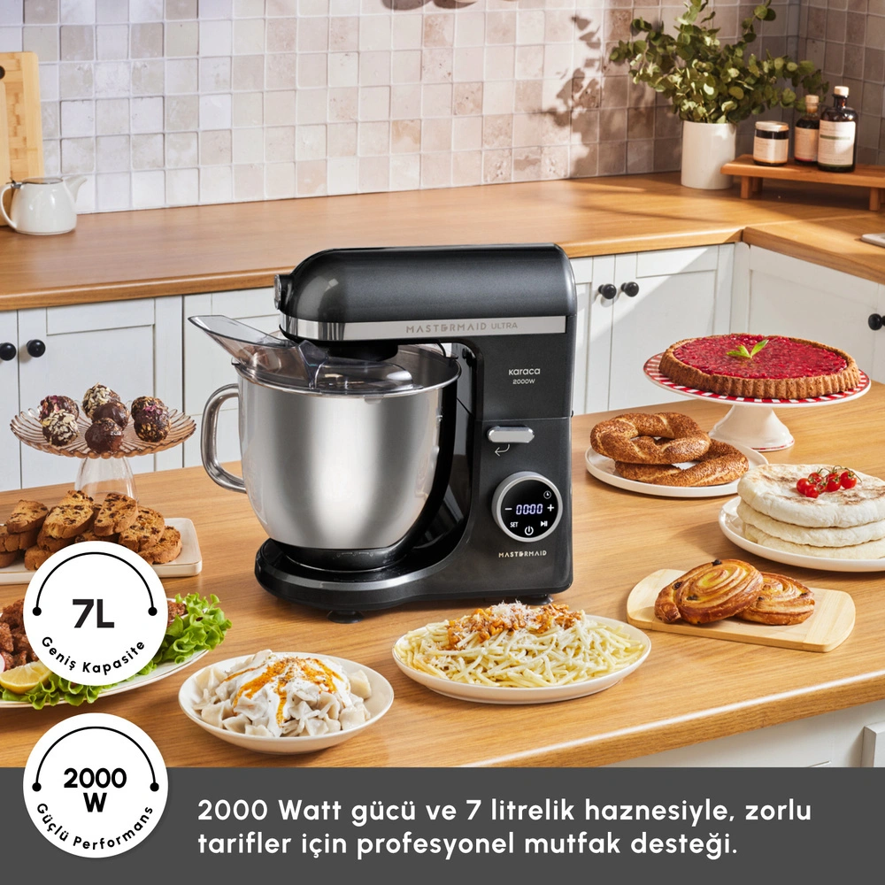 Karaca Mastermaid Chef Ultra D2000W Dijital Ekranlı Hamur Yoğurma Makinesi Matte Black 7L görseli 7