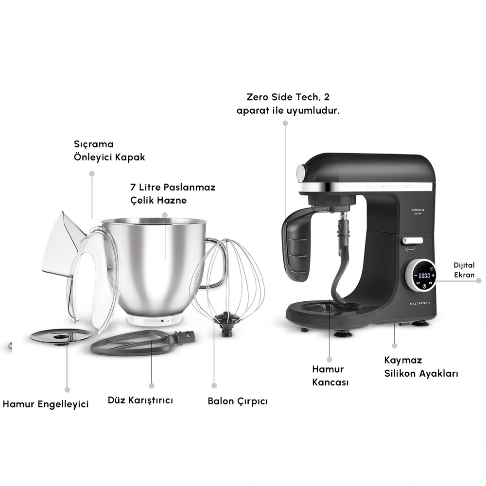 Karaca Mastermaid Chef Ultra D2000W Dijital Ekranlı Hamur Yoğurma Makinesi Matte Black 7L görseli 3