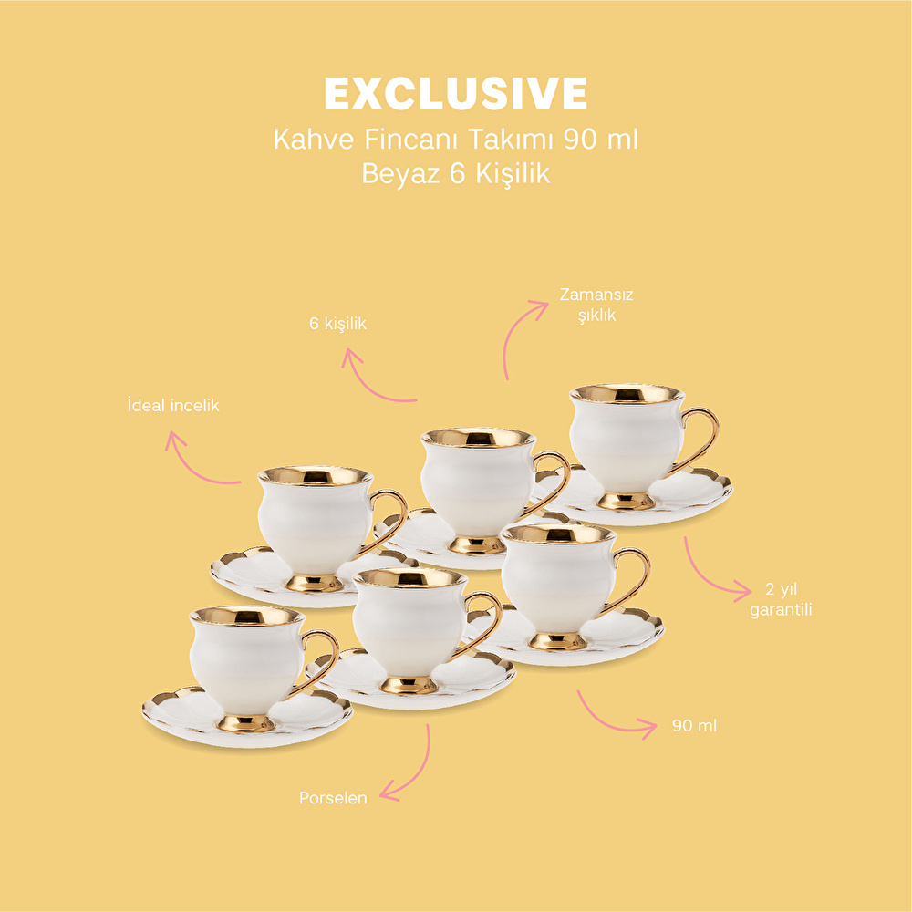Emsan Exclusive Beyaz 6 Kişilik Kahve Fincan Takımı 90 ml görseli 11