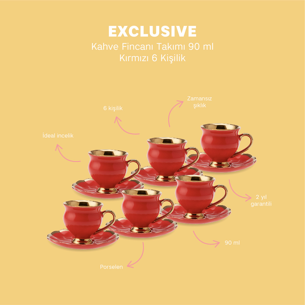 Emsan Exclusive Kırmızı 6 Kişilik Kahve Fincan Takımı 90 ml görseli 9