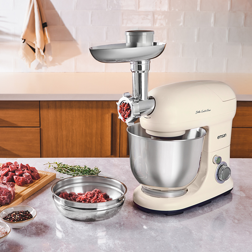 Emsan Bella Gusto Maxi Krem Kıyma Çekme /Sucuk-Sosis/İçli Köfte Aparatlı/Smooth Hazneli Hamur Yoğurma Makinesi 1300W 5L görseli 15