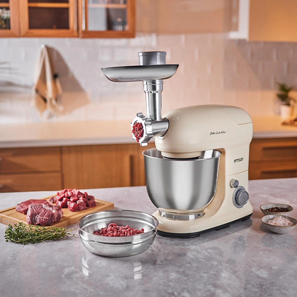 Emsan Bella Gusto Maxi Krem Kıyma Çekme /Sucuk-Sosis/İçli Köfte Aparatlı/Smooth Hazneli Hamur Yoğurma Makinesi 1300W 5L görseli 4