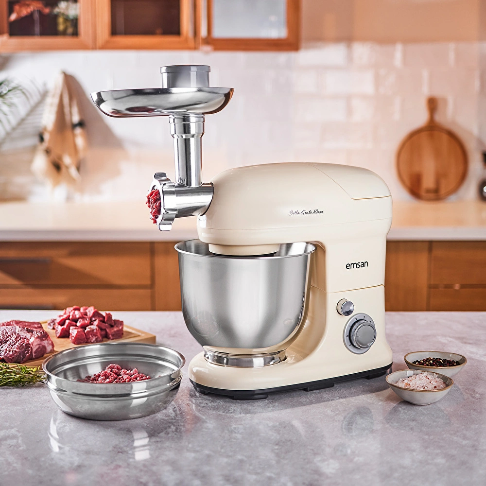 Emsan Bella Gusto Maxi Krem Kıyma Çekme /Sucuk-Sosis/İçli Köfte Aparatlı/Smooth Hazneli Hamur Yoğurma Makinesi 1300W 5L görseli 3