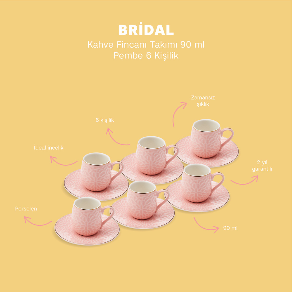 Emsan Bridal 6 Kişilik Kahve Fincan Takımı Pembe 90 ml görseli 10