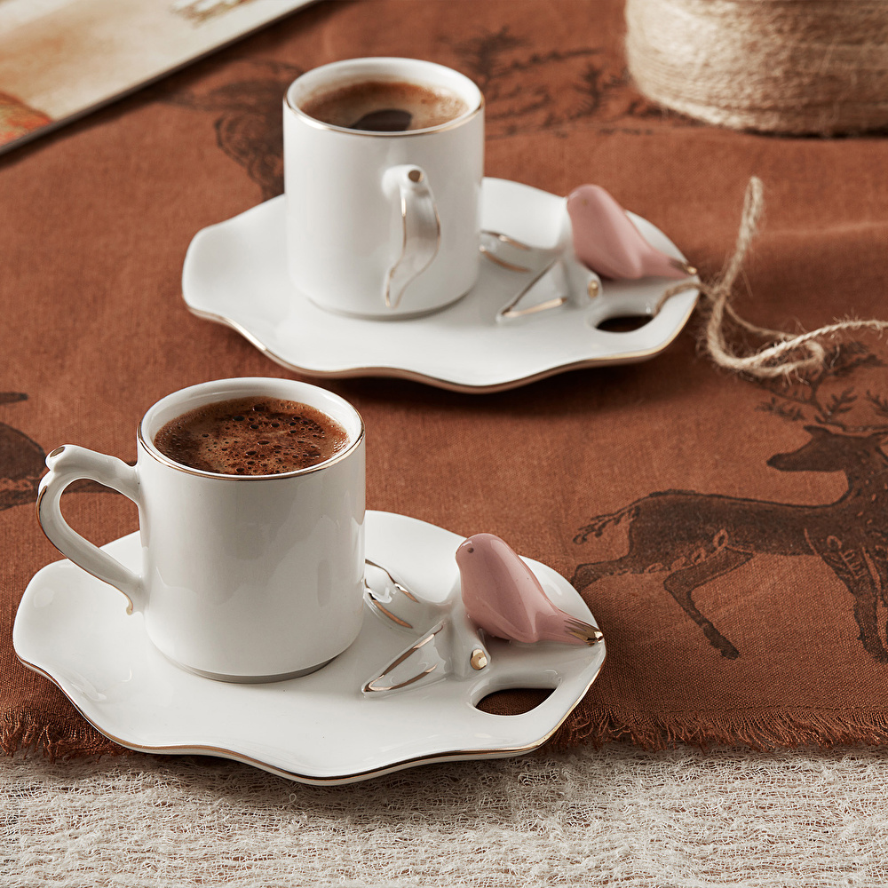 Karaca Lucca Birds 2 Kişilik Pembe Kahve Fincan Takımı 80 ml görseli 1