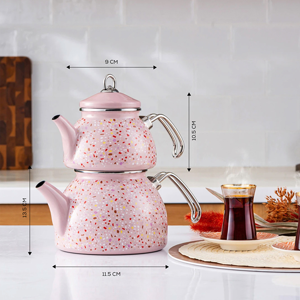 Karaca Emaye Midi Terazzo Pembe Çaydanlık Takımı görseli 3