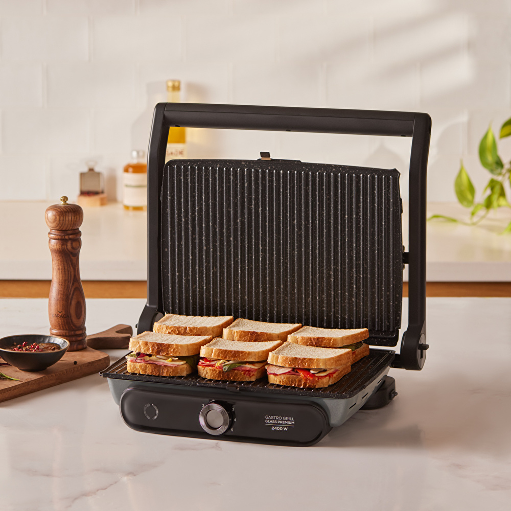 Karaca Gastro Grill Glass Premium 2400W Döküm Tost ve Izgara Makinesi Antrasit görseli 2