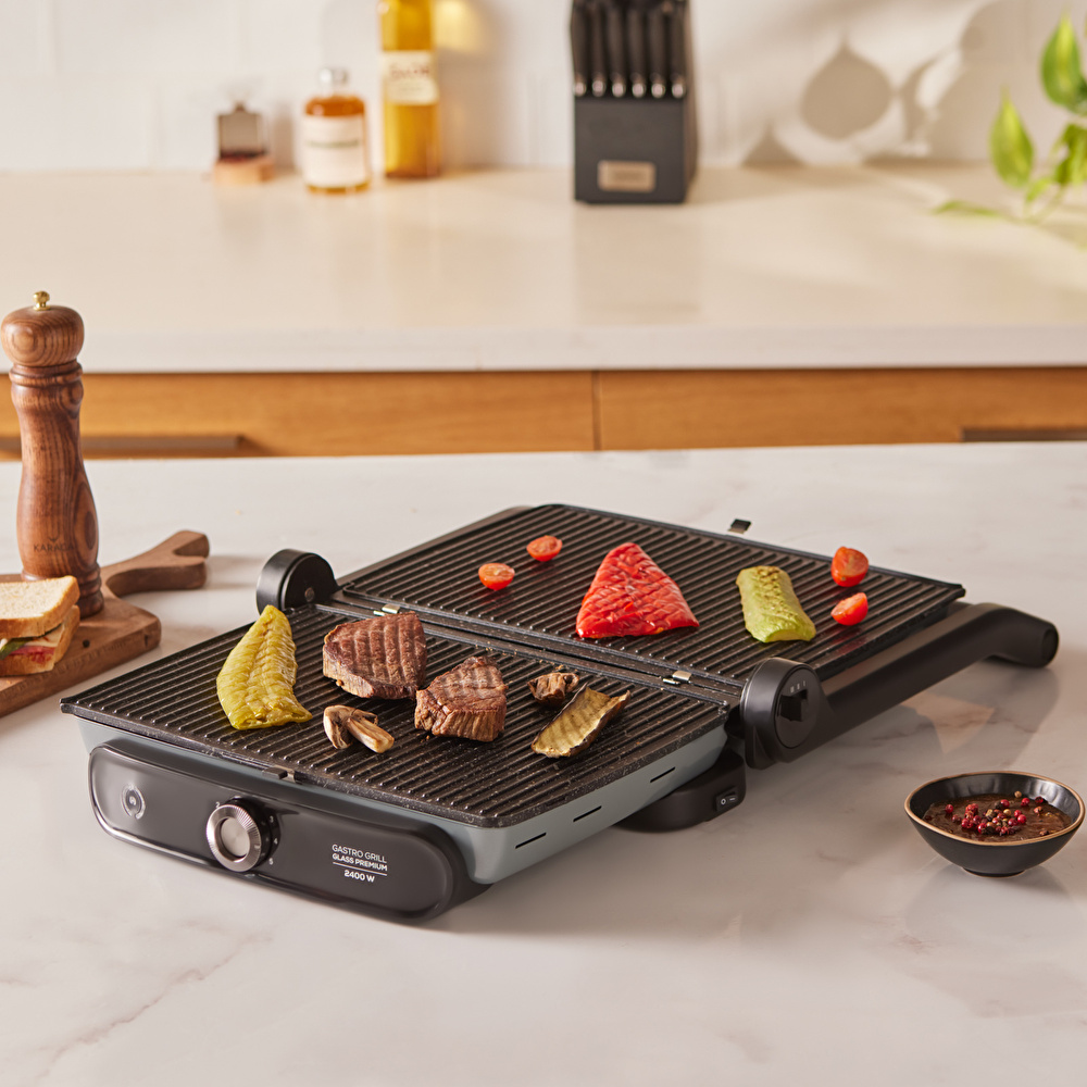 Karaca Gastro Grill Glass Premium 2400W Döküm Tost ve Izgara Makinesi Antrasit görseli 5