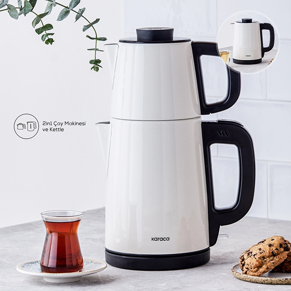 Karaca Tea Break 2 in 1 Çelik Su Isıtıcı Çay Makinesi Krem Inox görseli 1