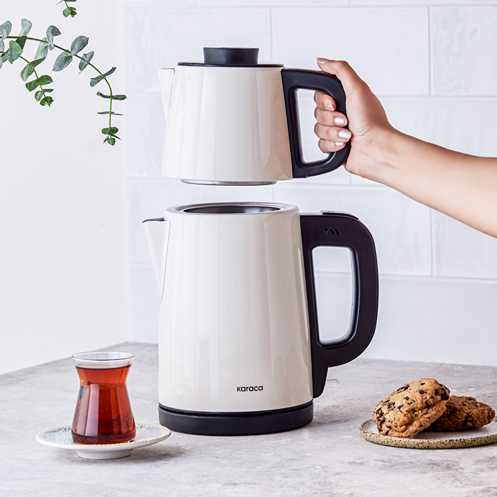Karaca Tea Break 2 in 1 Çelik Su Isıtıcı Çay Makinesi Krem Inox görseli 2