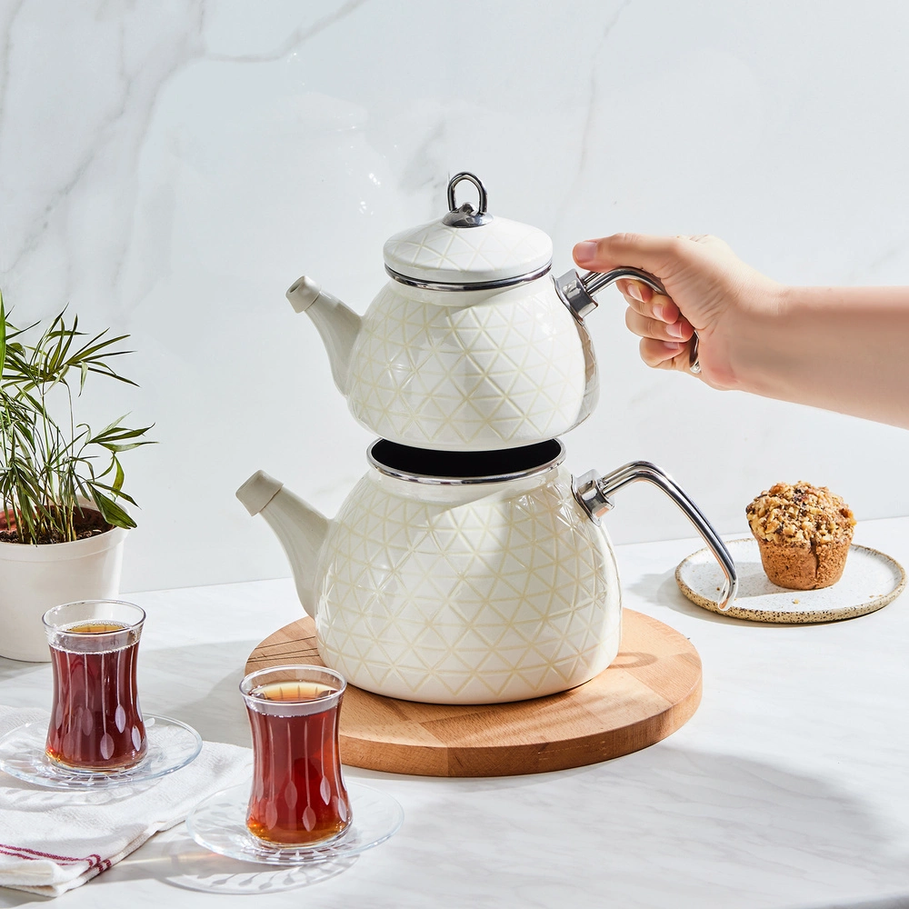 Karaca Kristal Krem İndüksiyon Tabanlı Emaye  Midi Çaydanlık Takımı 1,1L & 2,3L görseli 2